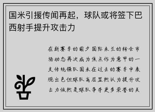 国米引援传闻再起，球队或将签下巴西射手提升攻击力